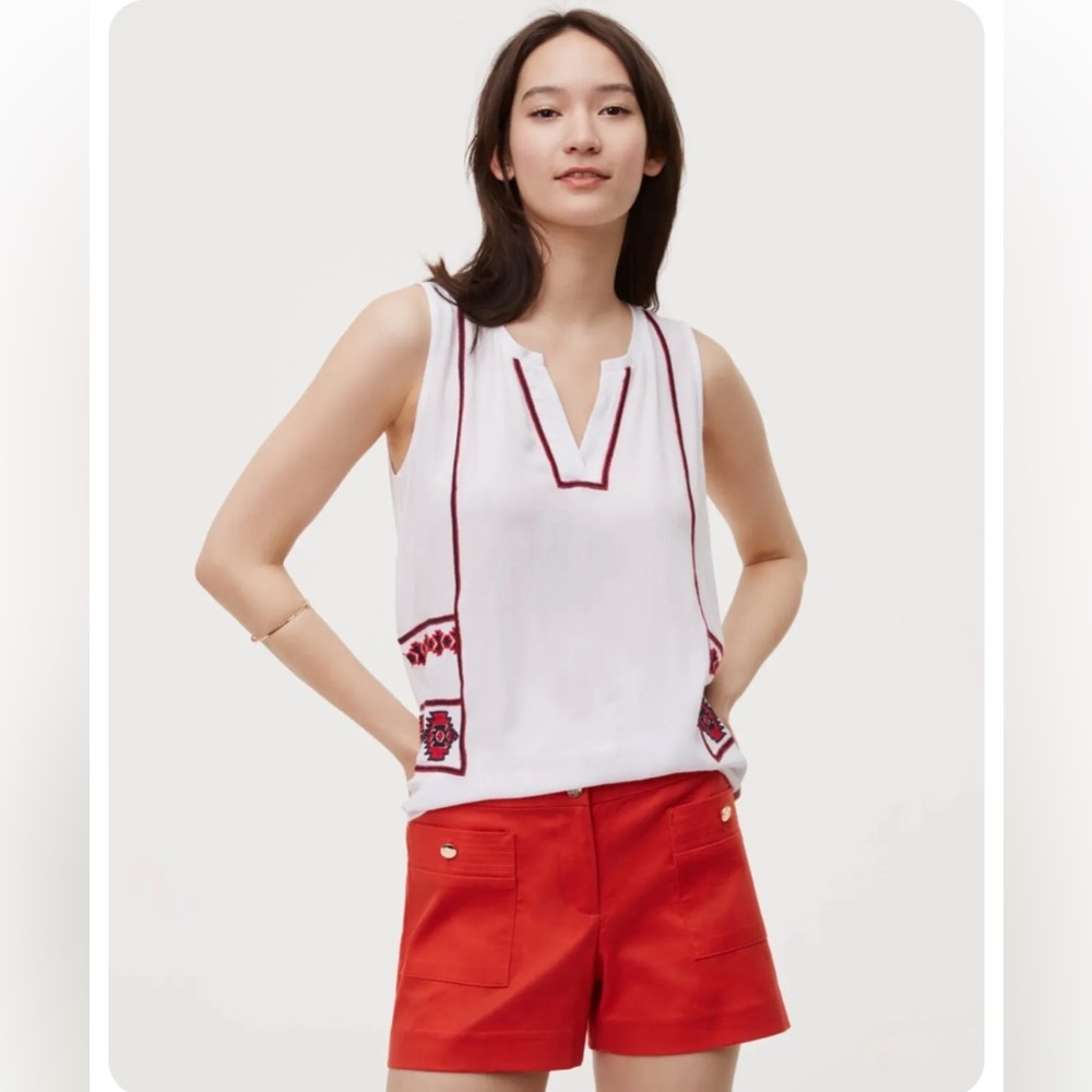 Ann Taylor LOFT Embroidered Split Neck Aztec Shell Top, Red/White/Blue - Picture 2 of 12
